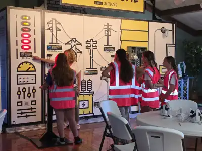 Students gathered around the electrical station